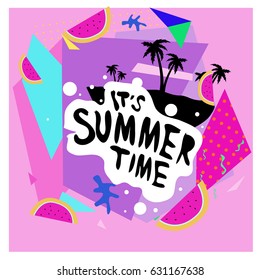 Summer time vector banner design with white abstract background for text and colorful tropical beach elements. Vector illustration template for event. 