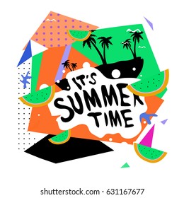 Summer time vector banner design with white abstract background for text and colorful tropical beach elements. Vector illustration template for event. 