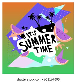 Summer time vector banner design with white abstract background for text and colorful tropical beach elements. Vector illustration template for event. 