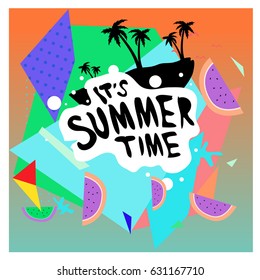 Summer time vector banner design with white abstract background for text and colorful tropical beach elements. Vector illustration template for event. 