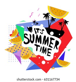 Summer time vector banner design with white abstract background for text and colorful tropical beach elements. Vector illustration template for event. 