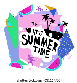 Summer time vector banner design with white abstract background for text and colorful tropical beach elements. Vector illustration template for event. 