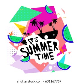 Summer time vector banner design with white abstract background for text and colorful tropical beach elements. Vector illustration template for event. 