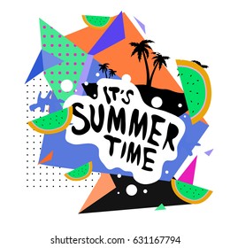 Summer time vector banner design with white abstract background for text and colorful tropical beach elements. Vector illustration template for event. 