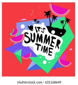 Summer time vector banner design with white abstract background for text and colorful tropical beach elements. Vector illustration template for event. 