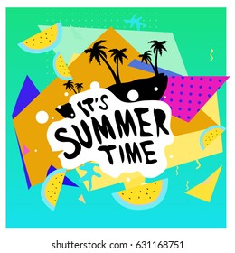 Summer time vector banner design with white abstract background for text and colorful tropical beach elements. Vector illustration template for event. 