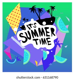 Summer time vector banner design with white abstract background for text and colorful tropical beach elements. Vector illustration template for event. 