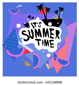 Summer time vector banner design with white abstract background for text and colorful tropical beach elements. Vector illustration template for event. 