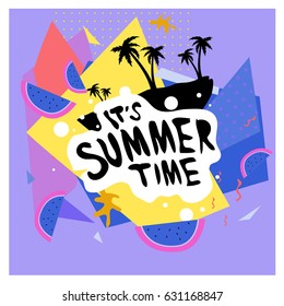 Summer time vector banner design with white abstract background for text and colorful tropical beach elements. Vector illustration template for event. 