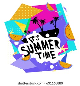 Summer time vector banner design with white abstract background for text and colorful tropical beach elements. Vector illustration template for event. 