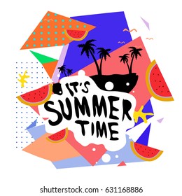 Summer time vector banner design with white abstract background for text and colorful tropical beach elements. Vector illustration template for event. 