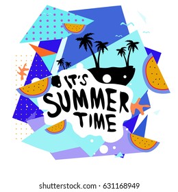 Summer time vector banner design with white abstract background for text and colorful tropical beach elements. Vector illustration template for event. 