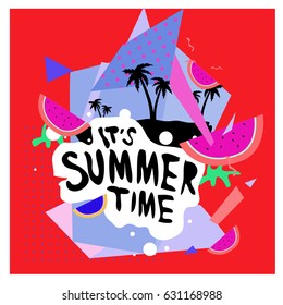 Summer time vector banner design with white abstract background for text and colorful tropical beach elements. Vector illustration template for event. 