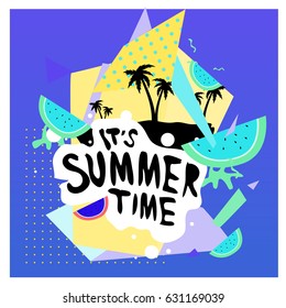 Summer time vector banner design with white abstract background for text and colorful tropical beach elements. Vector illustration template for event. 