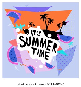 Summer time vector banner design with white abstract background for text and colorful tropical beach elements. Vector illustration template for event. 