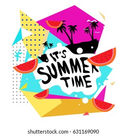 Summer time vector banner design with white abstract background for text and colorful tropical beach elements. Vector illustration template for event. 