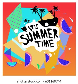 Summer time vector banner design with white abstract background for text and colorful tropical beach elements. Vector illustration template for event. 