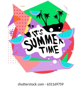 Summer time vector banner design with white abstract background for text and colorful tropical beach elements. Vector illustration template for event. 