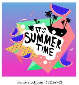 Summer time vector banner design with white abstract background for text and colorful tropical beach elements. Vector illustration template for event. 
