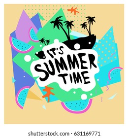 Summer time vector banner design with white abstract background for text and colorful tropical beach elements. Vector illustration template for event. 