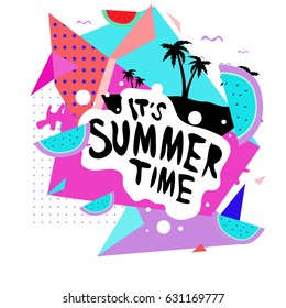 Summer time vector banner design with white abstract background for text and colorful tropical beach elements. Vector illustration template for event. 
