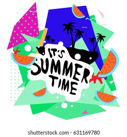 Summer time vector banner design with white abstract background for text and colorful tropical beach elements. Vector illustration template for event. 