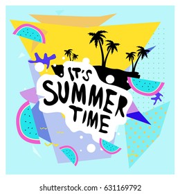 Summer time vector banner design with white abstract background for text and colorful tropical beach elements. Vector illustration template for event. 