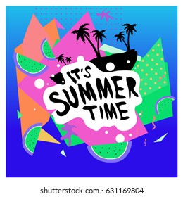 Summer time vector banner design with white abstract background for text and colorful tropical beach elements. Vector illustration template for event. 