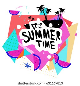 Summer time vector banner design with white abstract background for text and colorful tropical beach elements. Vector illustration template for event. 