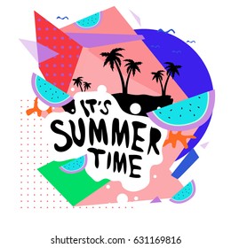 Summer time vector banner design with white abstract background for text and colorful tropical beach elements. Vector illustration template for event. 