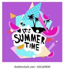 Summer time vector banner design with white abstract background for text and colorful tropical beach elements. Vector illustration template for event. 