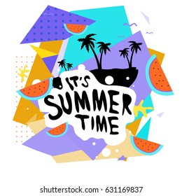 Summer time vector banner design with white abstract background for text and colorful tropical beach elements. Vector illustration template for event. 