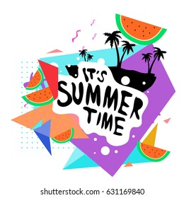 Summer time vector banner design with white abstract background for text and colorful tropical beach elements. Vector illustration template for event. 
