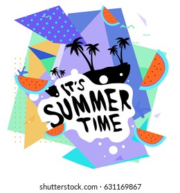 Summer time vector banner design with white abstract background for text and colorful tropical beach elements. Vector illustration template for event. 