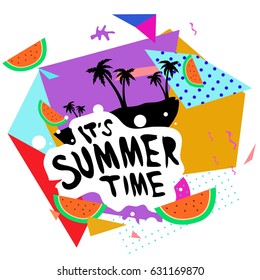 Summer time vector banner design with white abstract background for text and colorful tropical beach elements. Vector illustration template for event. 
