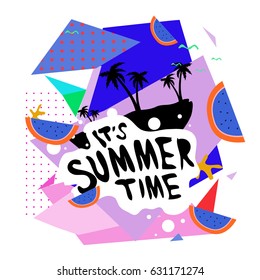 Summer time vector banner design with white abstract background for text and colorful tropical beach elements. Vector illustration template for event. 