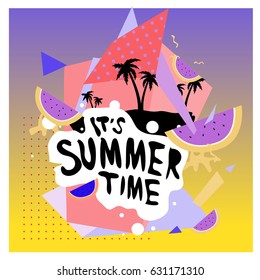 Summer time vector banner design with white abstract background for text and colorful tropical beach elements. Vector illustration template for event. 