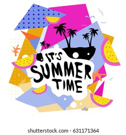 Summer time vector banner design with white abstract background for text and colorful tropical beach elements. Vector illustration template for event. 
