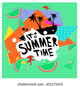 Summer time vector banner design with white abstract background for text and colorful tropical beach elements. Vector illustration template for event. 