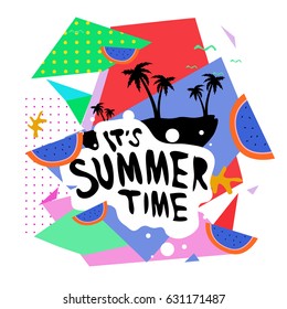 Summer time vector banner design with white abstract background for text and colorful tropical beach elements. Vector illustration template for event. 