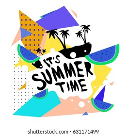 Summer time vector banner design with white abstract background for text and colorful tropical beach elements. Vector illustration template for event. 