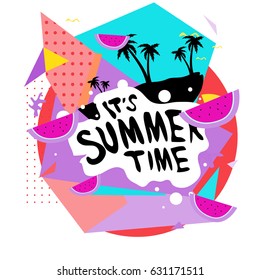 Summer time vector banner design with white abstract background for text and colorful tropical beach elements. Vector illustration template for event. 