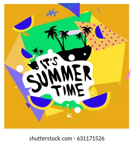 Summer time vector banner design with white abstract background for text and colorful tropical beach elements. Vector illustration template for event. 
