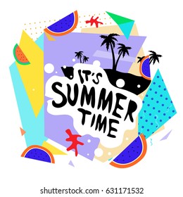 Summer time vector banner design with white abstract background for text and colorful tropical beach elements. Vector illustration template for event. 