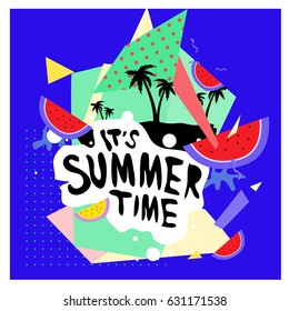 Summer time vector banner design with white abstract background for text and colorful tropical beach elements. Vector illustration template for event. 