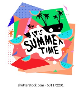 Summer time vector banner design with white abstract background for text and colorful tropical beach elements. Vector illustration template for event. 