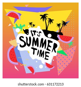 Summer time vector banner design with white abstract background for text and colorful tropical beach elements. Vector illustration template for event. 
