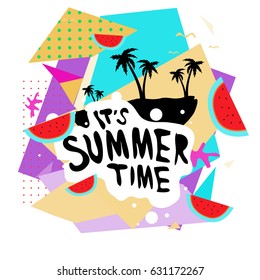 Summer time vector banner design with white abstract background for text and colorful tropical beach elements. Vector illustration template for event. 