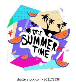 Summer time vector banner design with white abstract background for text and colorful tropical beach elements. Vector illustration template for event. 