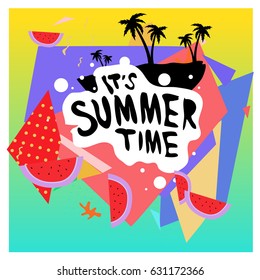 Summer time vector banner design with white abstract background for text and colorful tropical beach elements. Vector illustration template for event. 
